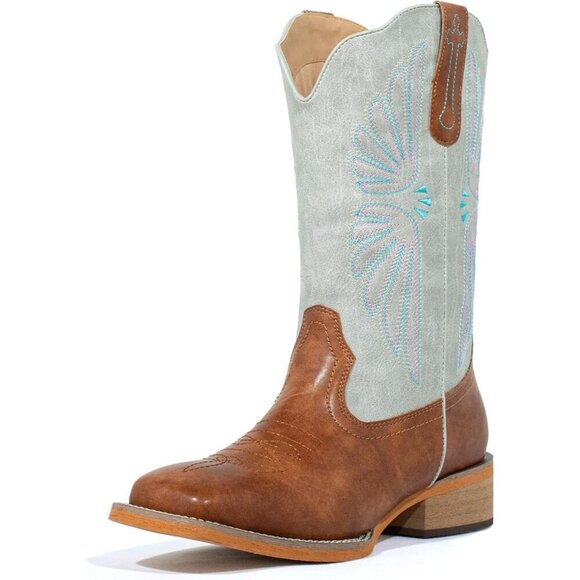 SheSole Shoes - SheSole Western Boots Women Tan Faux Leather Square Toe Wide Mid Calf